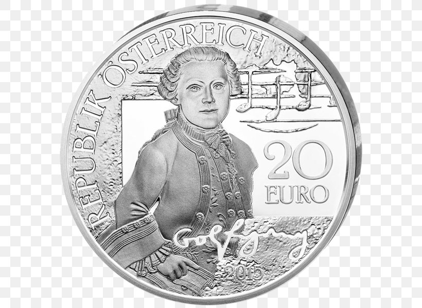 Coin Wolfgang Amadeus Mozart Silver Child Prodigy Monete Da 20 Euro Italiane, PNG, 600x600px, 20 Euro Note, Coin, Austria, Austrian Euro Coins, Black And White Download Free