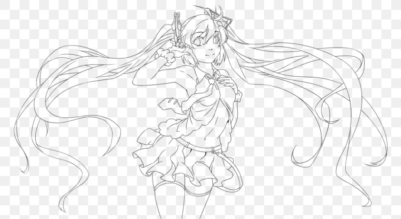 Line Art Hatsune Miku Vocaloid Drawing Sketch, PNG, 1024x560px, Watercolor, Cartoon, Flower, Frame, Heart Download Free