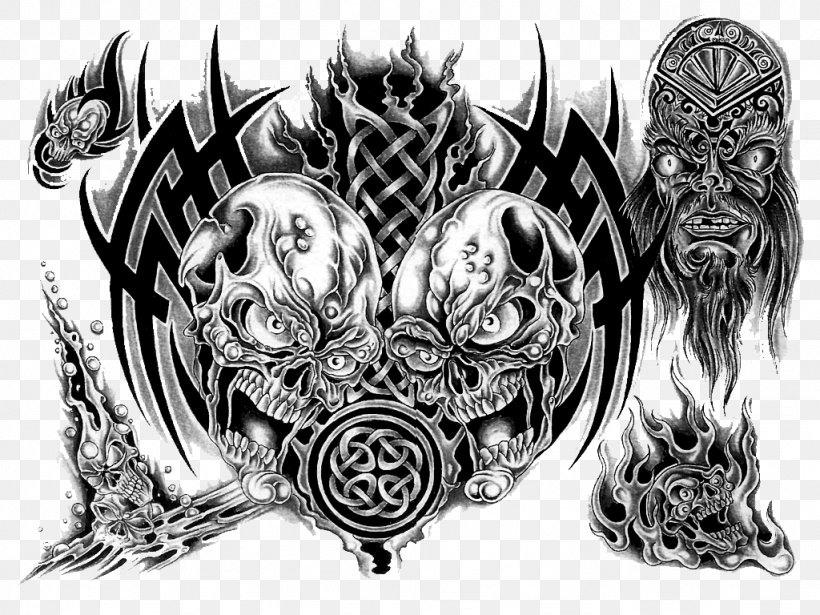 Sleeve Tattoo Flash Desktop Wallpaper, PNG, 1024x768px, Tattoo, Black And White, Color, Demon, Design Classic Download Free