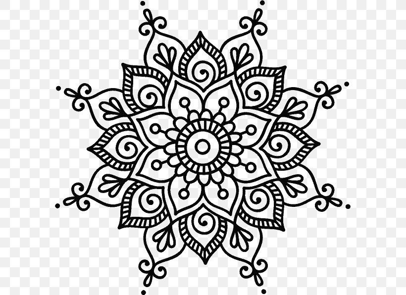 Flower Line Art, PNG, 597x596px, Mandala, Blackandwhite, Coloring Book, Decal, Doodle Download Free