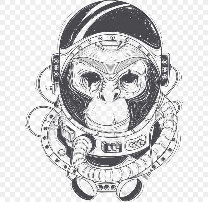 Chimpanzee Astronaut Drawing, PNG, 800x800px, Chimpanzee, Astronaut, Black And White, Bone, Drawing Download Free