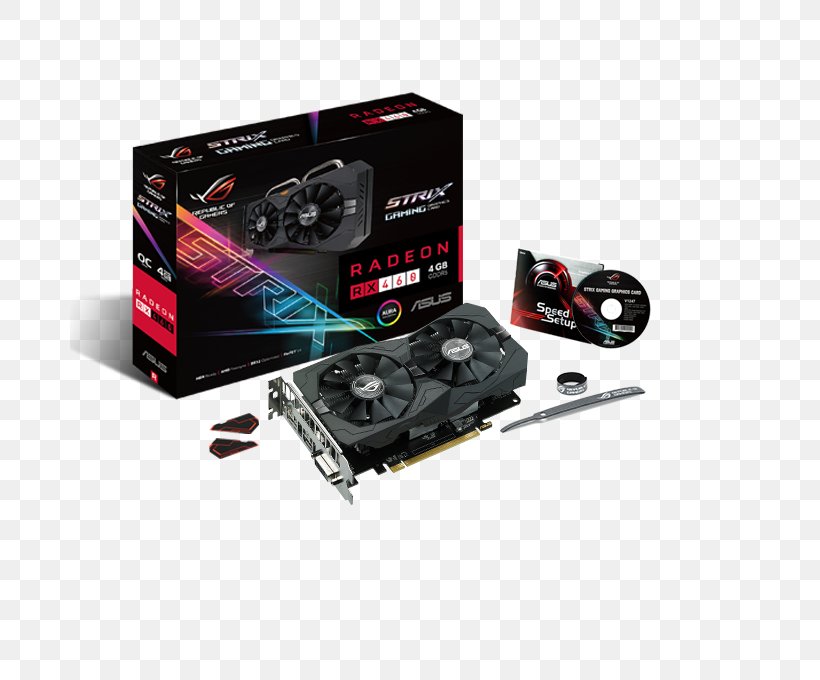 Graphics Cards & Video Adapters GDDR5 SDRAM Radeon Republic Of Gamers PCI Express, PNG, 680x680px, Graphics Cards Video Adapters, Amd Radeon 400 Series, Amd Radeon 500 Series, Asus, Cable Download Free