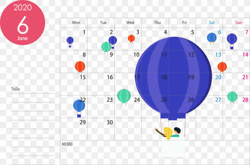 June 2020 Calendar 2020 Calendar, PNG, 3000x1982px, 2020 Calendar, June 2020 Calendar, Balloon, Circle, Colorfulness Download Free