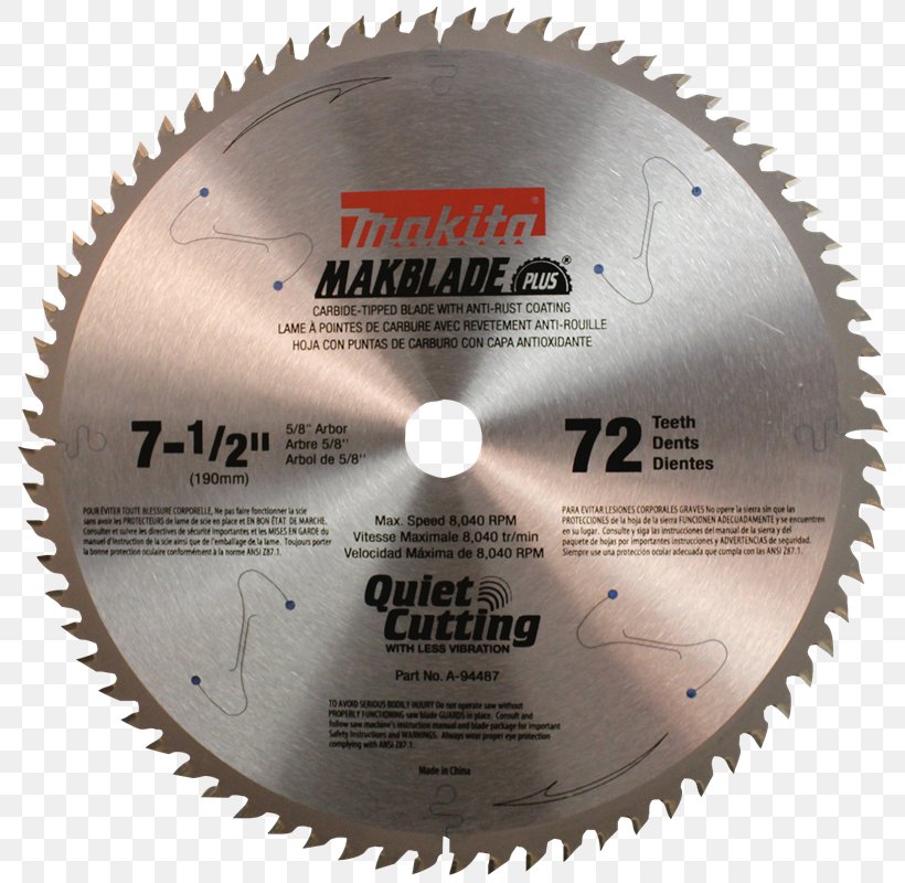 Miter Saw Carbide Tipped Saw Blade 7-1/2 72T Makita A-94487 Circular Saw, PNG, 800x800px, Miter Saw, Blade, Brand, Circular Saw, Cutting Download Free
