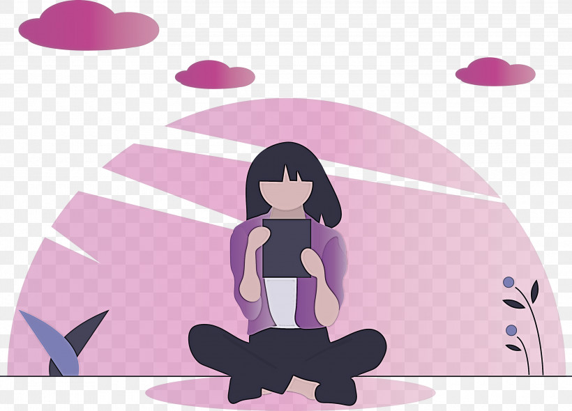 Reading Girl, PNG, 3000x2159px, Reading Girl, Animation, Black Hair, Cartoon, Pink Download Free