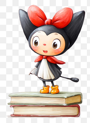 Watercolor Kuromi - Cartoon Cat On Books PNG