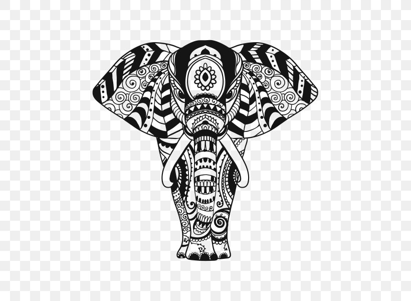 Indian Elephant Ornament Pattern, PNG, 600x600px, Indian Elephant, Art, Asian Elephant, Black And White, Decal Download Free