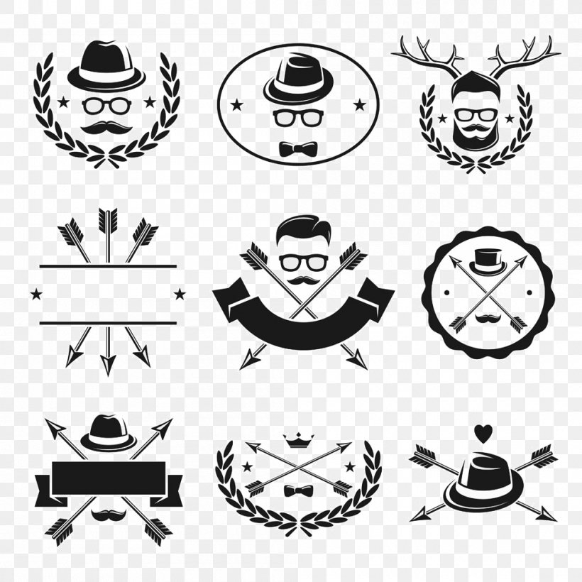 Element Euclidean Vector Set Hipster, PNG, 1000x1000px, Element, Black And White, Brand, Clip Art, Curve Download Free