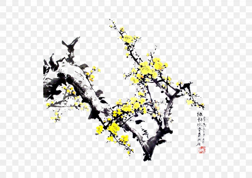 Ochna Integerrima Lunar New Year Ink Wash Painting, PNG, 4961x3510px, Ochna Integerrima, Art, Blossom, Branch, Calligraphy Download Free