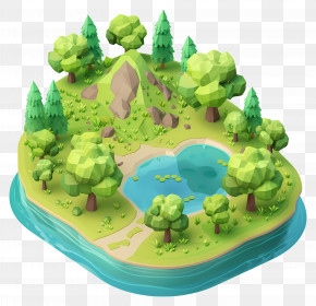 Summer Park - Isometric Green Landscape With Trees And Lake PNG