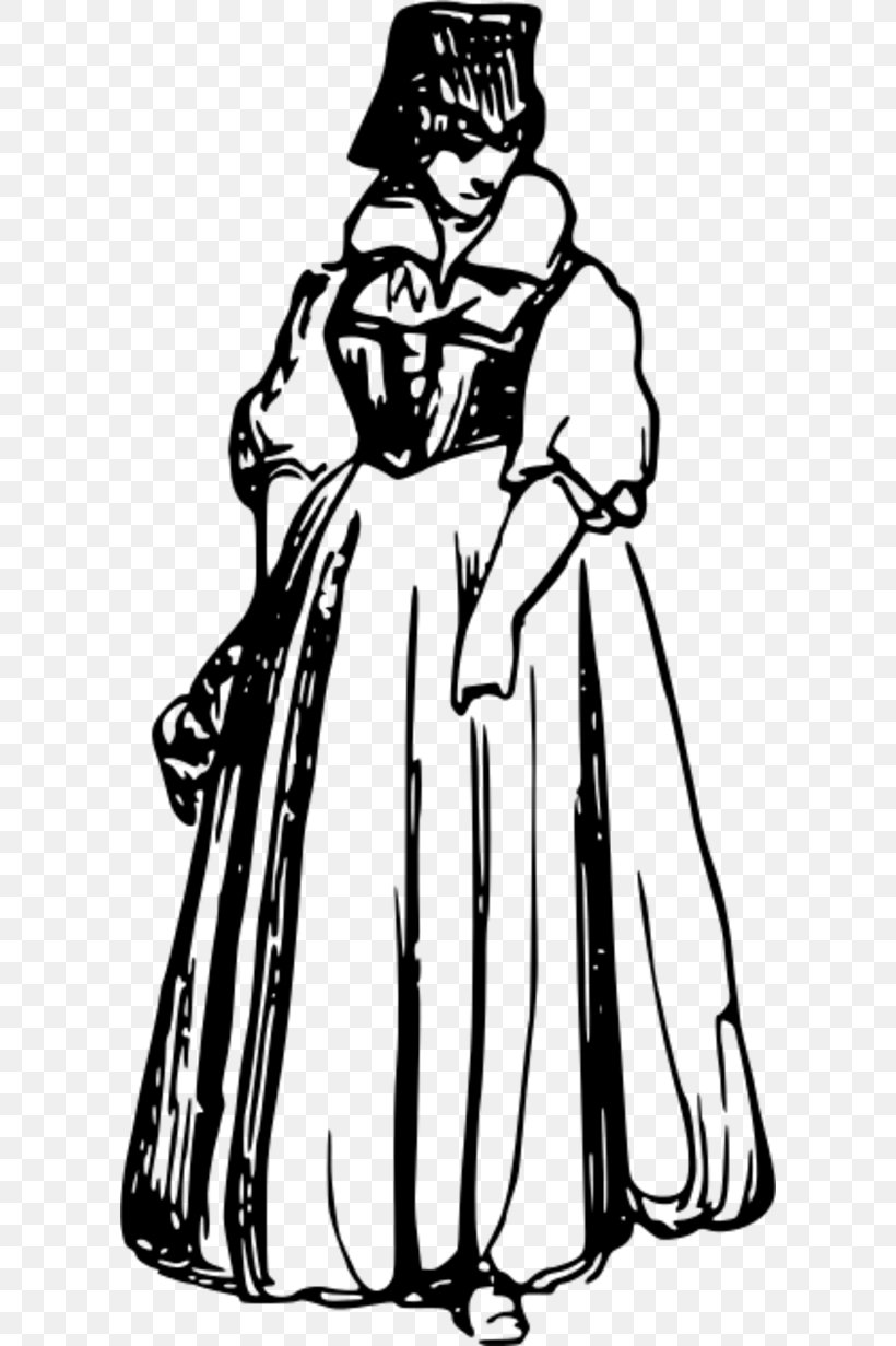 Dress Costume 16th Century Clothing Clip Art, PNG, 600x1231px, 16th Century, Dress, Art, Artwork, Black And White Download Free