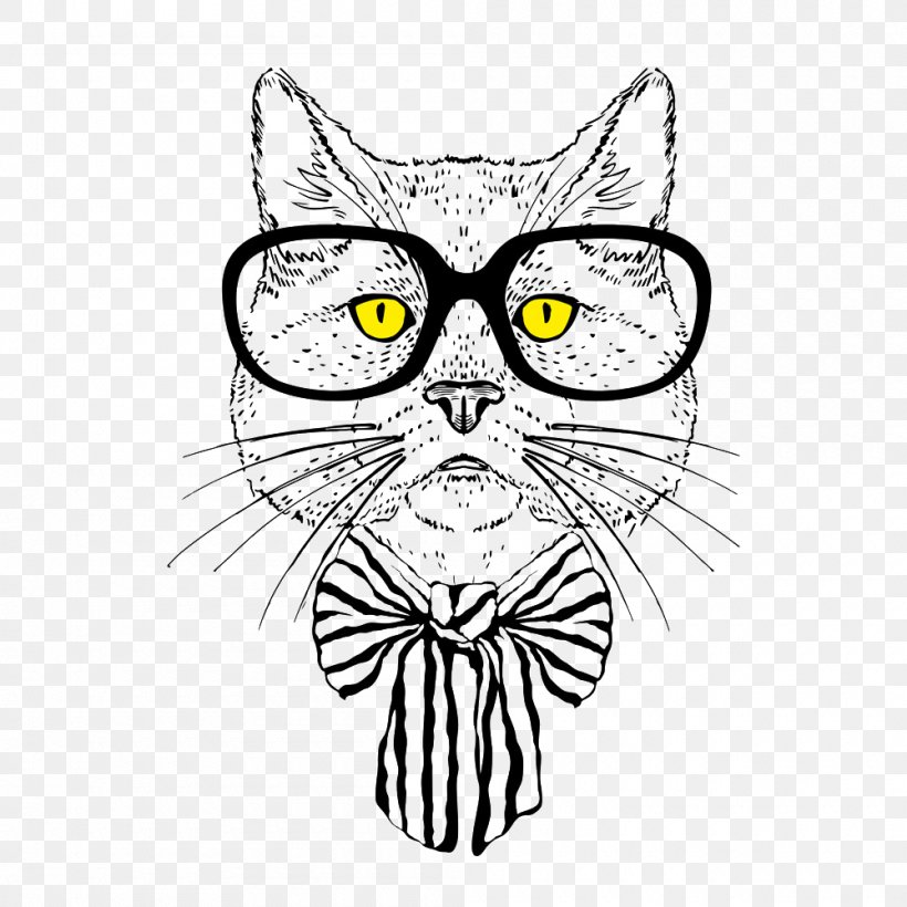 Cat Hipster Art Drawing, PNG, 1000x1000px, Cat, Art, Black, Black And White, Carnivoran Download Free