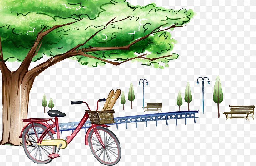 Cartoon Illustrator Poster Landscape, PNG, 3366x2193px, Cartoon, Area, Art, Bicycle, Bicycle Accessory Download Free