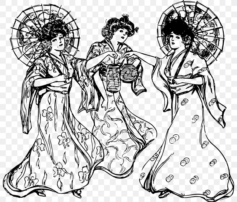Woman Kimono Dress Japanese Clothing Clip Art, PNG, 800x699px, Woman, Area, Art, Artwork, Black And White Download Free
