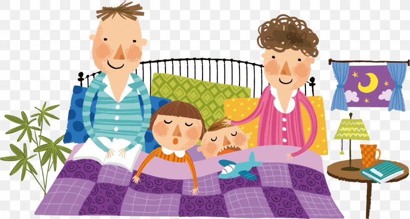 Bed Family Cartoon Illustration, PNG, 2455x1309px, Watercolor, Cartoon, Flower, Frame, Heart Download Free