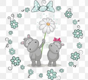 Cartoon Painted Green Flowers Border Cute Hippo - Hippopotamus Drawing Illustration PNG