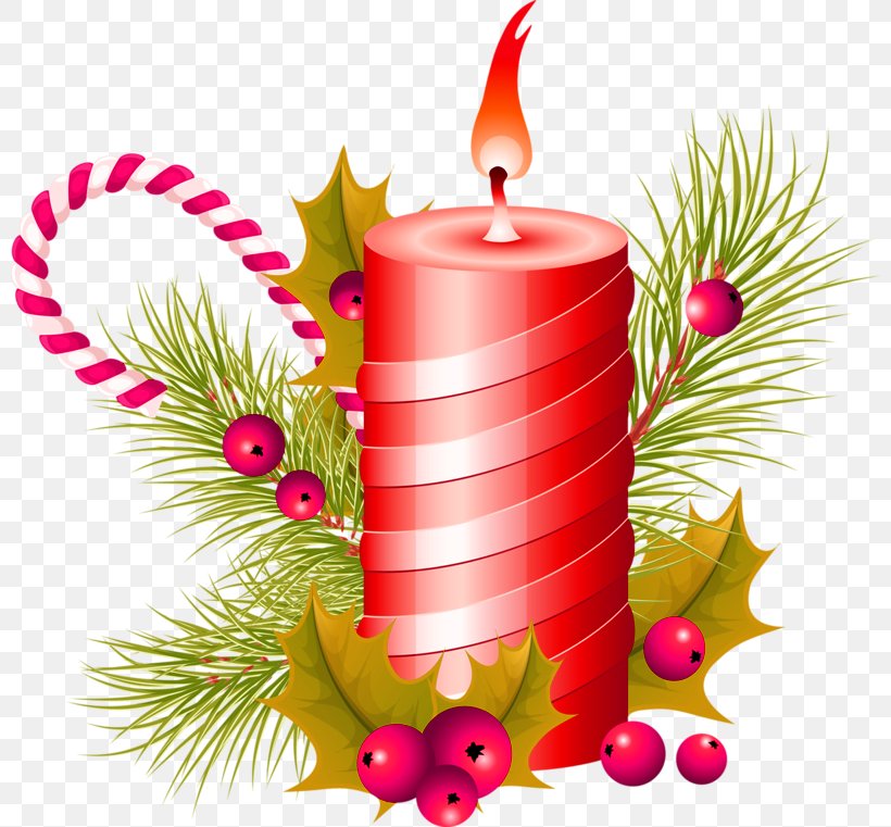 Red Hand Painted Candle Pine Branch Decorative Pattern - Candle Christmas Clip Art PNG