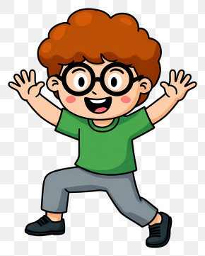 Cartoon Boy With Glasses - Excited Boy With Curly Hair And Glasses PNG