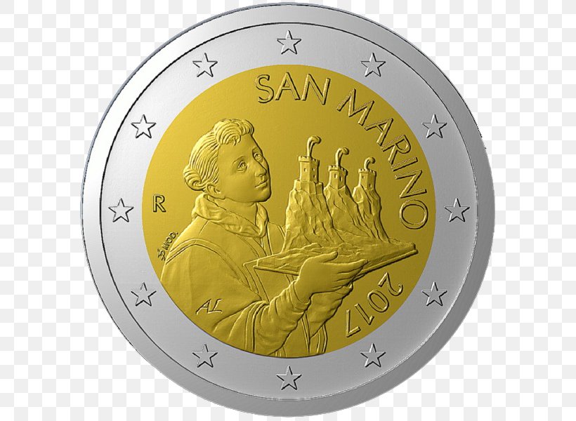 Euro Coins 2017 Games Of The Small States Of Europe 2 Euro Coin 2 Euro Commemorative Coins, PNG, 601x600px, 2 Euro Coin, 2 Euro Commemorative Coins, Coin, Business Strike, Coat Of Arms Of San Marino Download Free