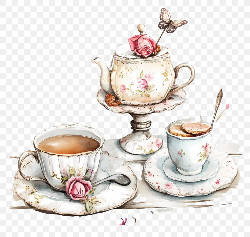 Teapot - Beautiful Floral Teacup Set With Roses PNG