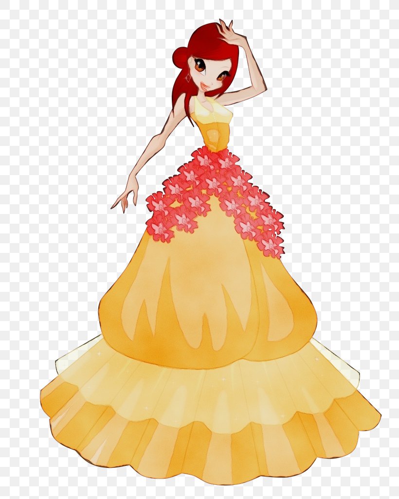 Gown Yellow Cartoon Dress Doll, PNG, 779x1026px, Watercolor, Cartoon, Costume Design, Doll, Dress Download Free