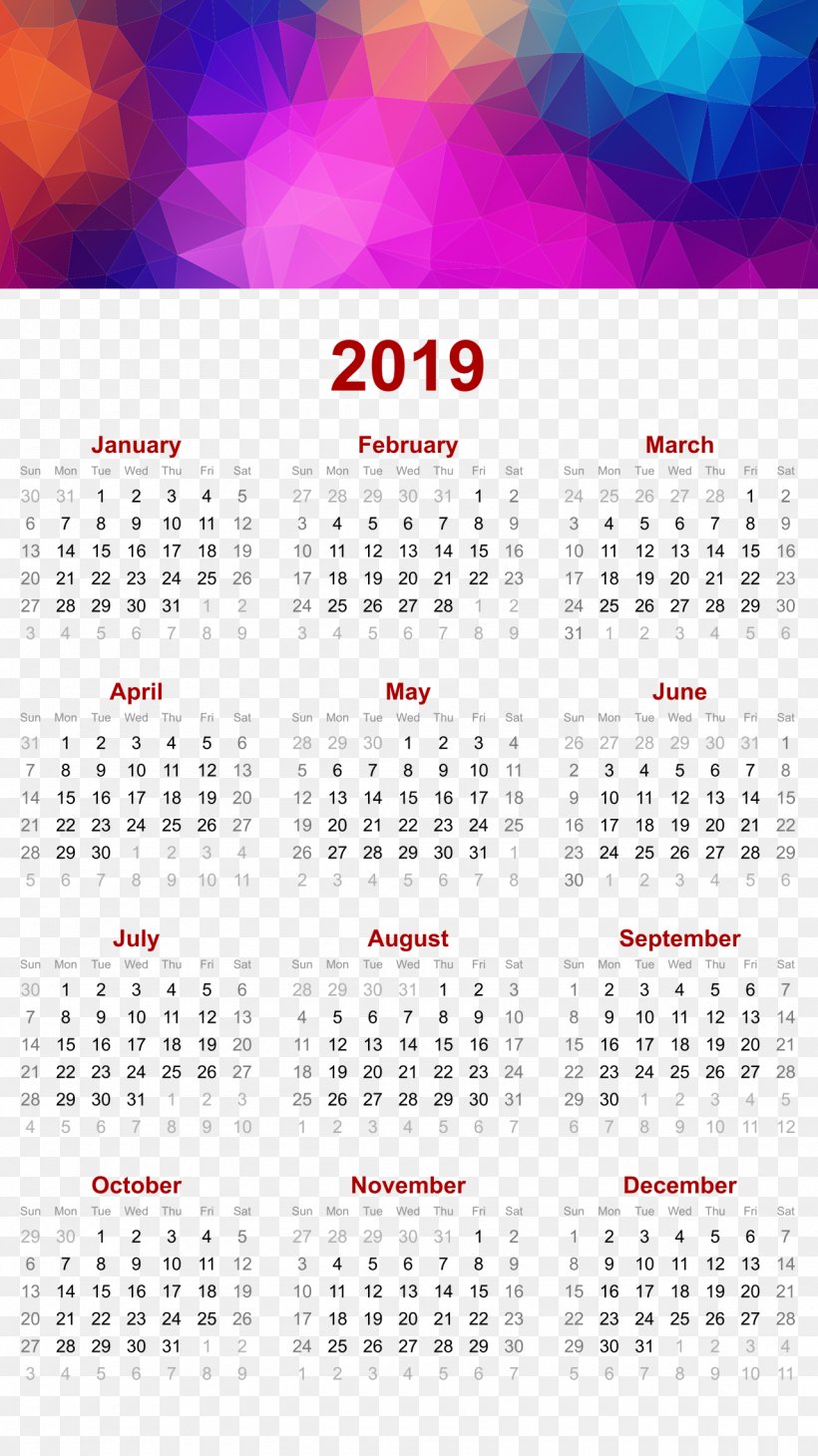 2019 Printable Calendar, PNG, 1280x2280px, 2018, 2019, Calendar, Calendar Date, Diary Download Free