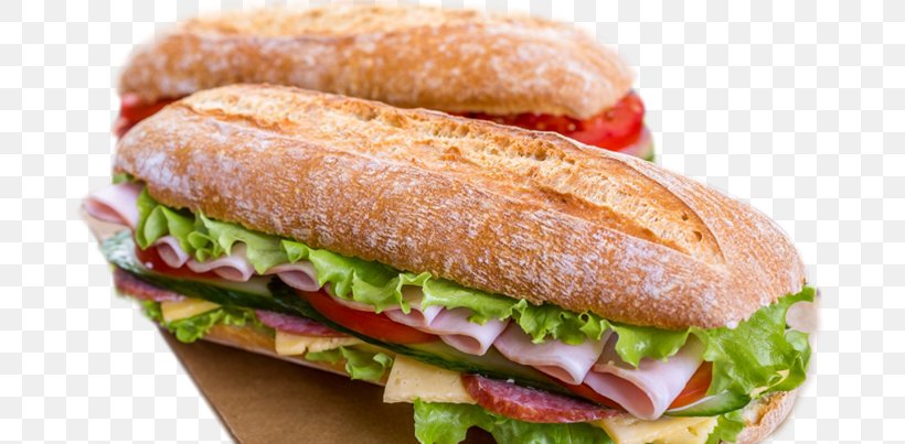Baguette Delicatessen Bánh Mì Fast Food Submarine Sandwich, PNG, 691x403px, Baguette, American Food, Blt, Breakfast Sandwich, Delicatessen Download Free