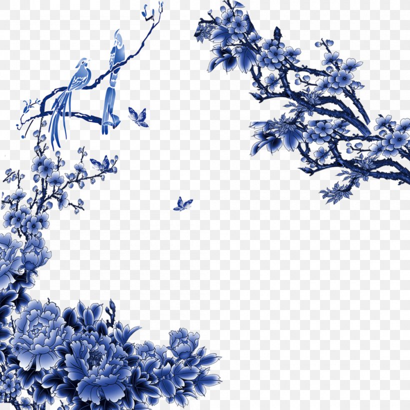 Blue And White Pottery Porcelain Computer File, PNG, 1000x1000px, Blue And White Pottery, Birdandflower Painting, Blue, Branch, Flower Download Free