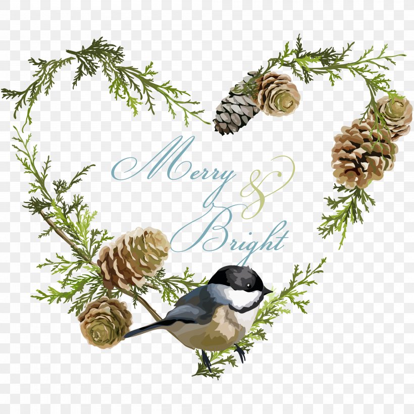 Bird Euclidean Vector Christmas Illustration, PNG, 4000x4000px, Bird, Branch, Christmas, Conifer, Photography Download Free