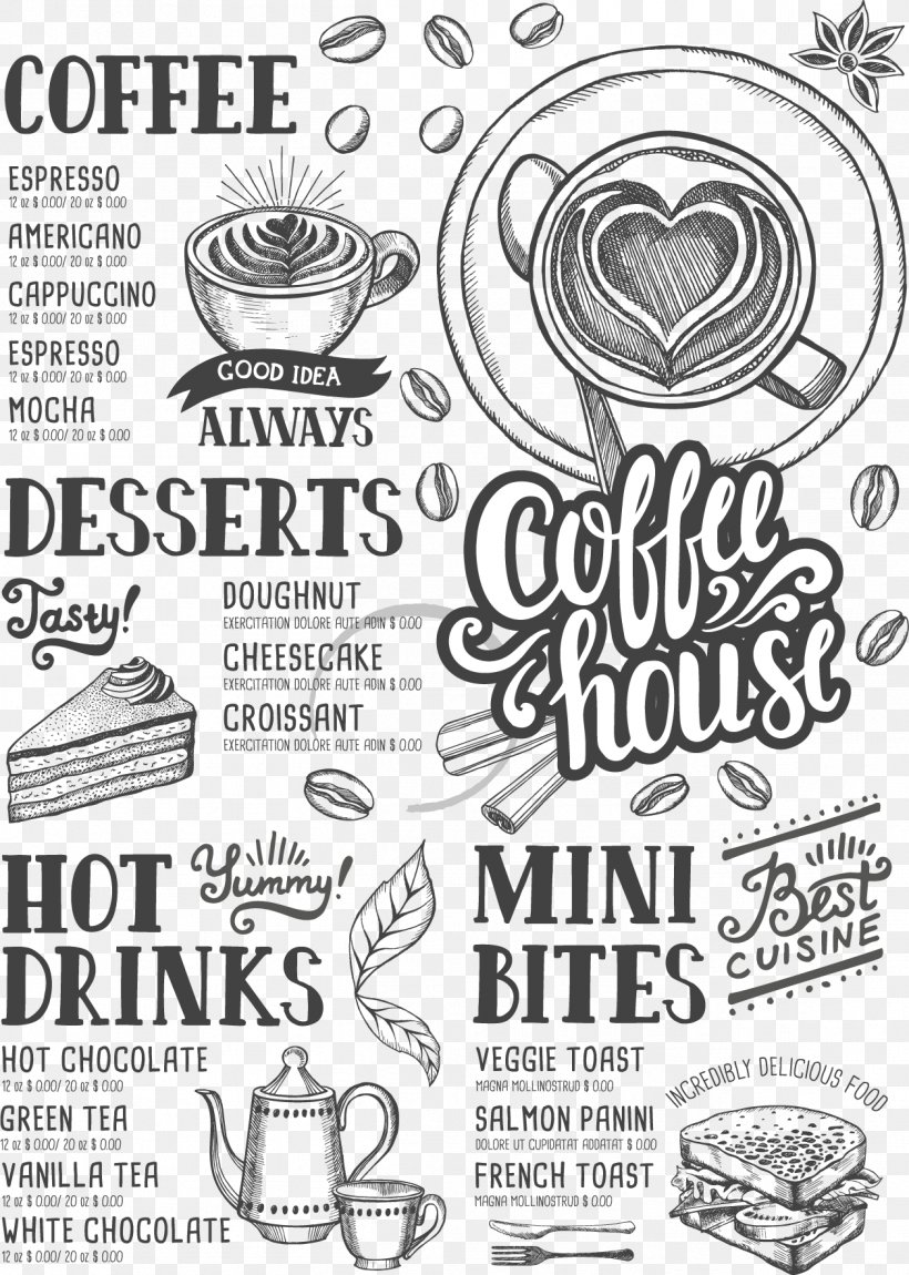 Coffee Tea Cafe Hamburger Menu, PNG, 1257x1763px, Coffee, Black And White, Brand, Brochure, Cafe Download Free