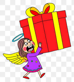 Christmas Angel With Gift - Angel Girl With Giant Gift PNG