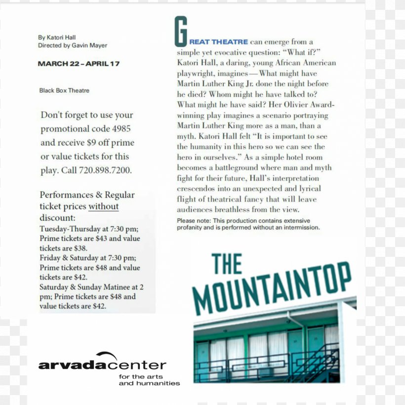 Arvada Center For The Arts And Humanities The Mountaintop Musical Theatre Elitch Theatre, PNG, 1200x1200px, Mountaintop, Arvada, Brand, Brochure, Denver Download Free