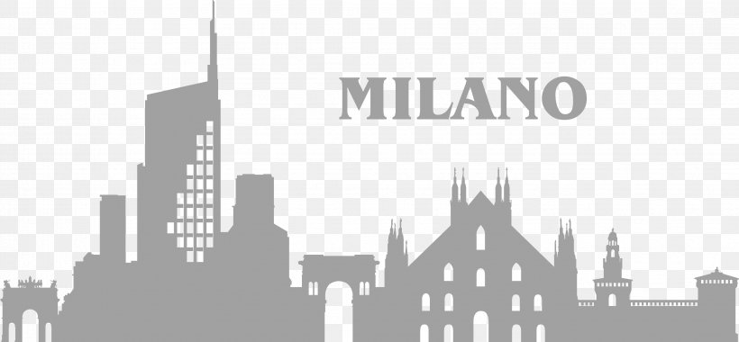 Milan Wall Decal Skyline Photography Silhouette, PNG, 3402x1578px, Milan, Black And White, Brand, Building, City Download Free