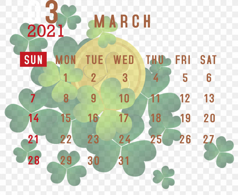 March 2021 Printable Calendar March 2021 Calendar 2021 Calendar, PNG, 3000x2464px, 2021 Calendar, March 2021 Printable Calendar, Clover, Drawing, Fourleaf Clover Download Free