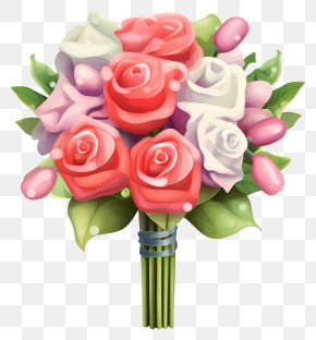 Bouquet Of Roses - Flower Bouquet With Roses And Green Leaves PNG