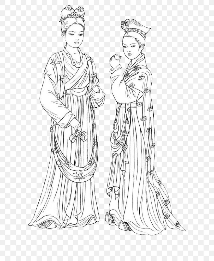 Tang Dynasty Chinese Fashions Coloring Book Chinese Clothing, PNG, 735x1000px, Watercolor, Cartoon, Flower, Frame, Heart Download Free