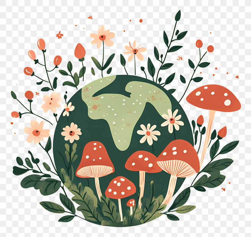 Ecology - Earth Decorative Art With Flowers And Mushrooms PNG