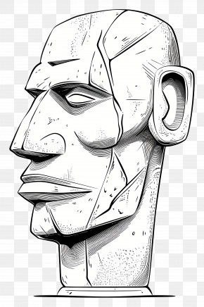 Stone Sculpture - Geometric Face Sculpture Drawing In Black And White PNG
