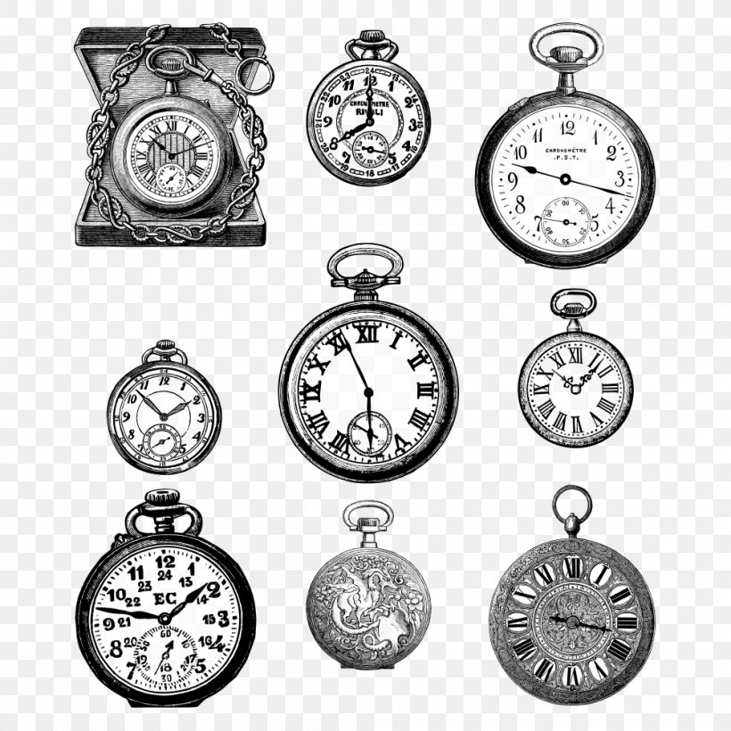 Pocket Watch Clock Vintage, PNG, 1000x1000px, Pocket Watch, Antique, Black And White, Body Jewelry, Brand Download Free