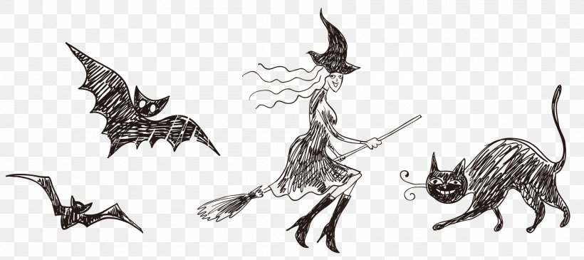 Halloween Witch, PNG, 2000x892px, Halloween, Art, Black And White, Doodle, Drawing Download Free