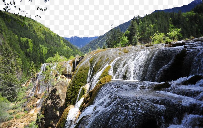 Jiuzhaigou Pearl Shoal Waterfall Huanglong Tourism, PNG, 1000x630px, Jiuzhaigou, Android, Body Of Water, Chute, Desktop Environment Download Free