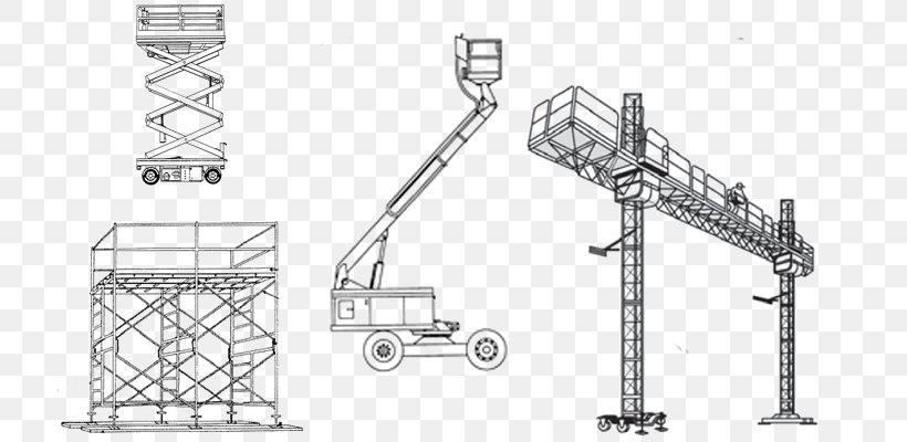Aerial Work Platform Scaffolding Elevator Drawing Hydraulics, PNG, 717x400px, Aerial Work Platform, Auto Part, Black And White, Drawing, Elevator Download Free