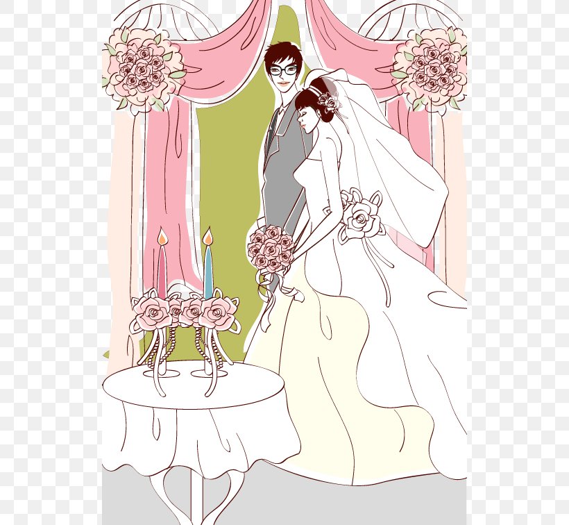 Contemporary Western Wedding Dress Euclidean Vector Vecteur Illustration, PNG, 526x756px, Watercolor, Cartoon, Flower, Frame, Heart Download Free