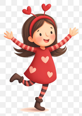Cartoon Girl Dancing - Happy Girl In Heart Dress PNG