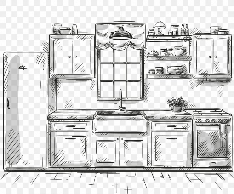 Drawing Kitchen Furniture Illustration, PNG, 1991x1653px, Drawing, Art, Black And White, Divan, Furniture Download Free