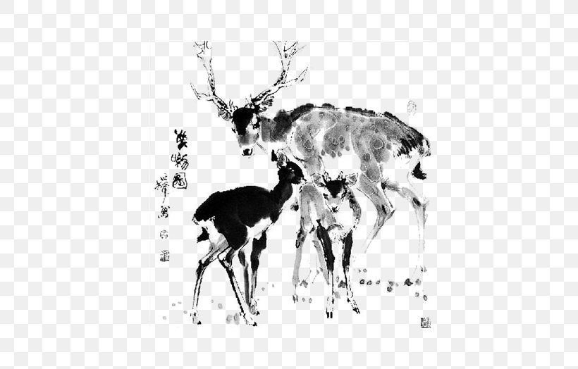 Reindeer Chinese Painting Ink Wash Painting, PNG, 514x524px, Reindeer, Antelope, Antler, Black And White, Chinese Painting Download Free