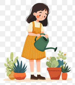 Girl Watering Potted Plants PNG