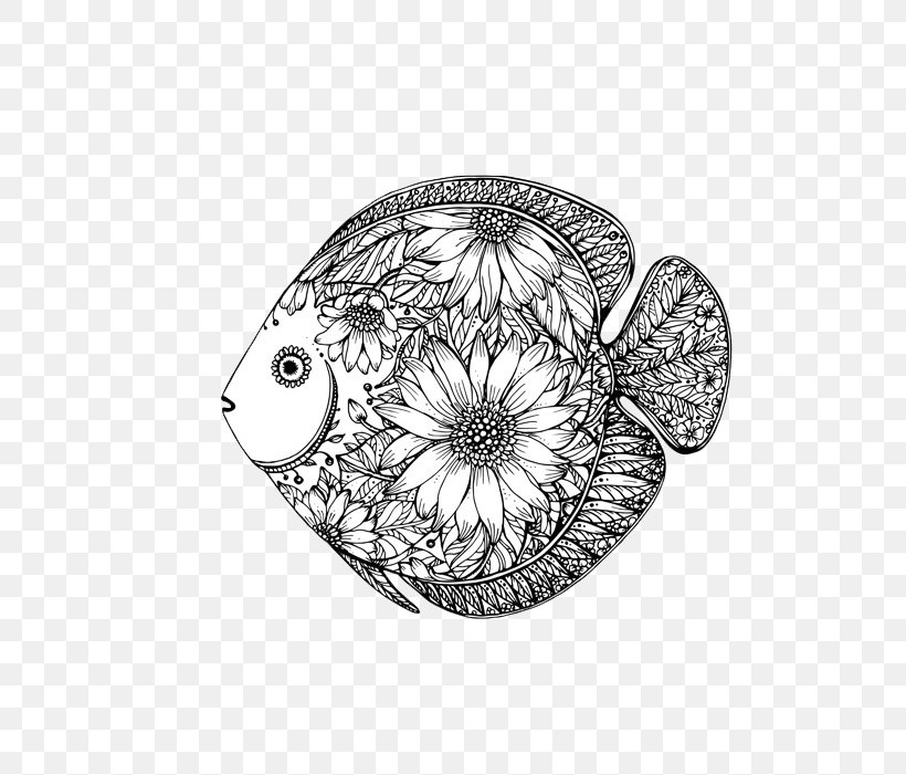 Drawing Fish Floral Design, PNG, 657x701px, Drawing, Art, Black And White, Body Jewelry, Decorative Arts Download Free