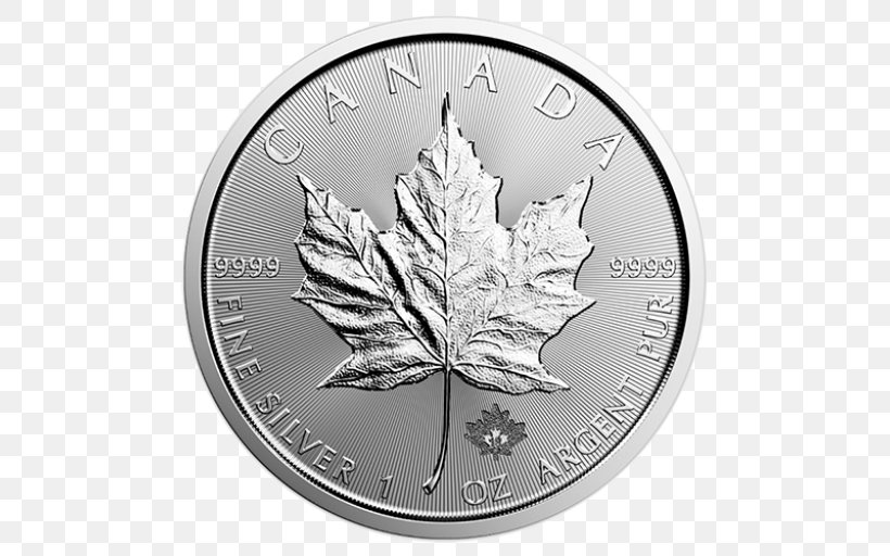 Canadian Silver Maple Leaf Canadian Gold Maple Leaf Silver Coin Bullion Coin, PNG, 512x512px, Canadian Silver Maple Leaf, American Silver Eagle, Black And White, Bullion, Bullion Coin Download Free