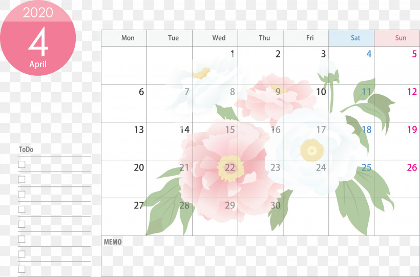 April 2020 Calendar April Calendar 2020 Calendar, PNG, 3000x1982px, 2020 Calendar, April 2020 Calendar, April Calendar, Diagram, Floral Design Download Free